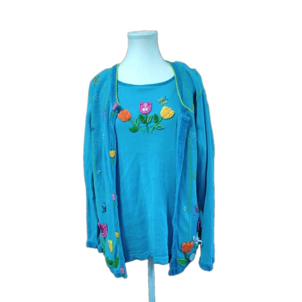 The Quacker Factory Size L Easter Bunny Womens Cardigan & Blouse Boho Spring